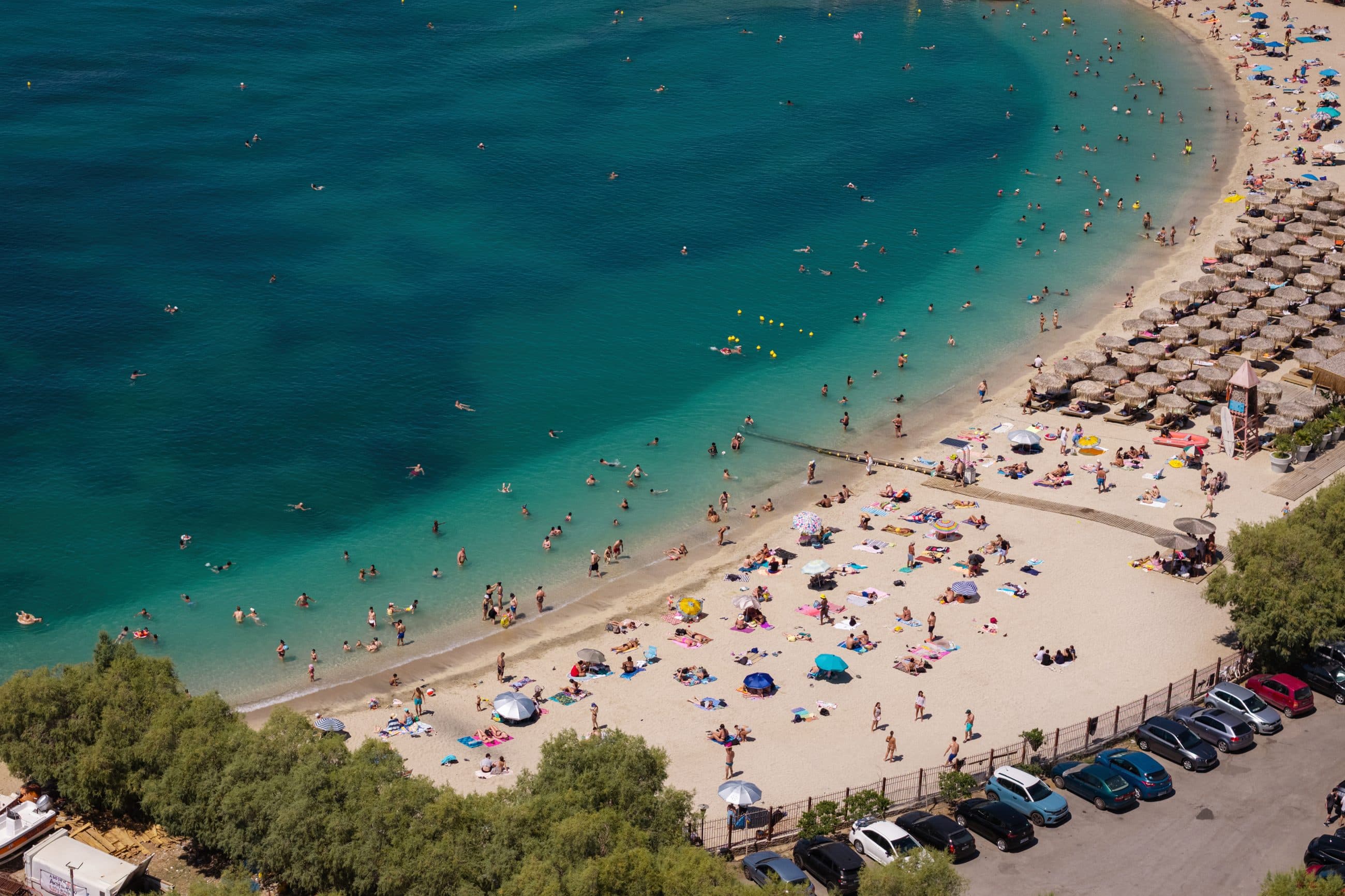 A beach with sunbeds on the Athenian Riviera at Alimos